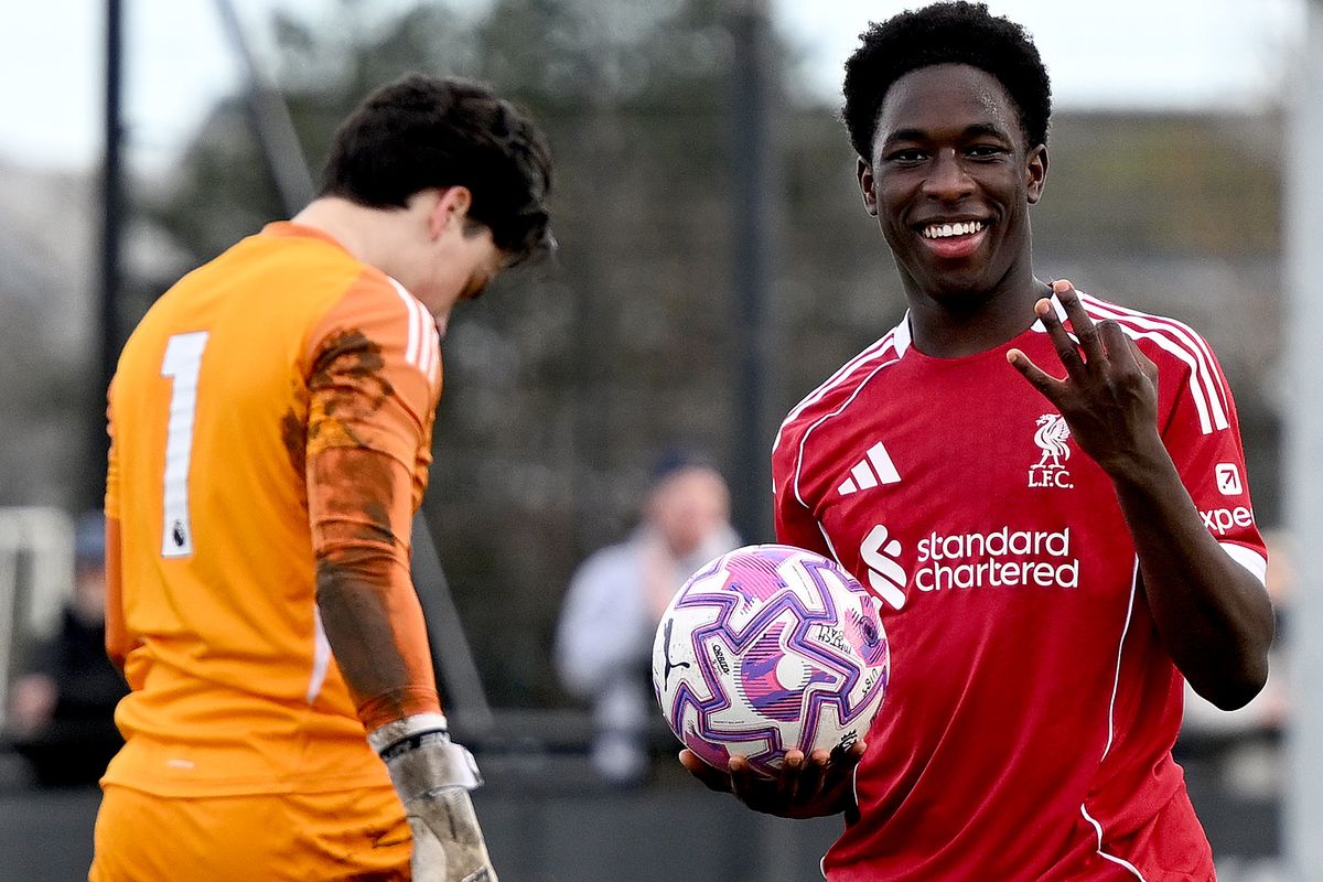 Joshua Abe of Liverpool celebrates completing his hat trick during the U18 Premier League North match against Leeds United at Kirkby on February 14 2026
