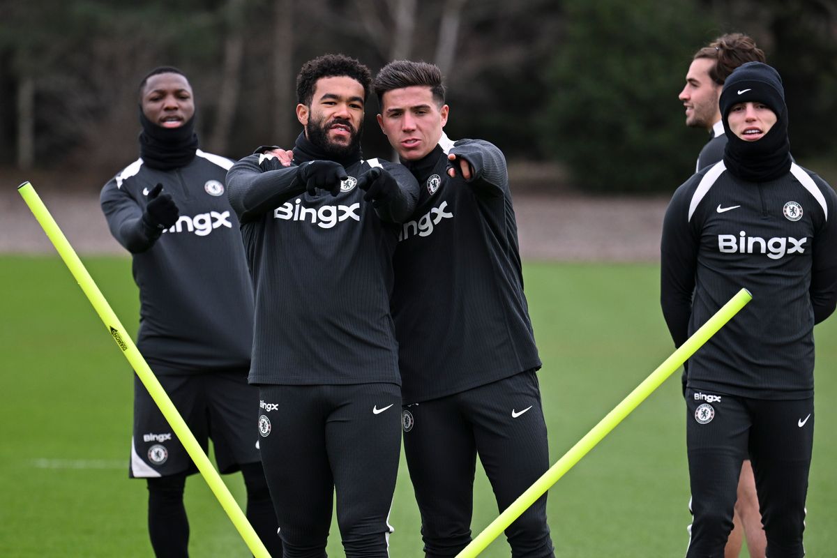Reece James and Enzo Fernandez of Chelsea during a training session at Chelsea Training Ground on February 20, 2026 in Cobham, England
