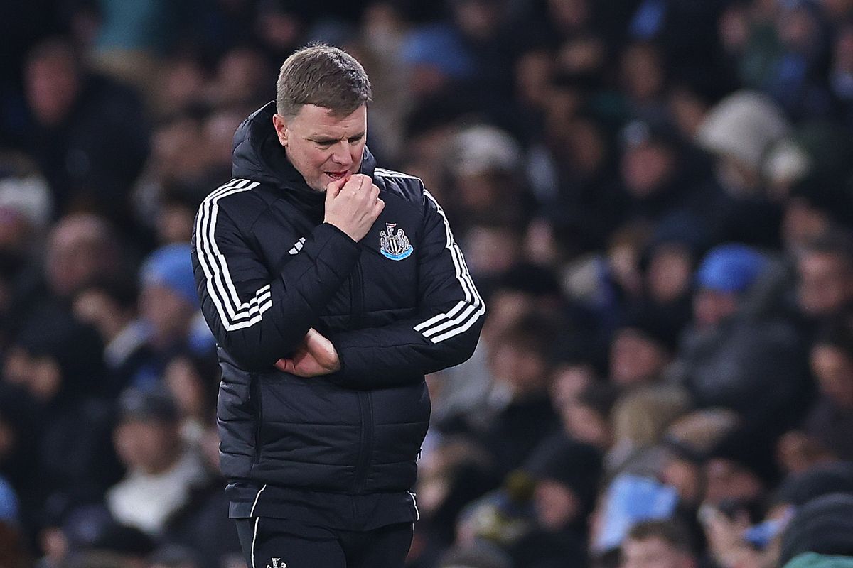 Eddie Howe the head coach / manager of Newcastle United reacts during the Carabao Cup Semi Final Second Leg match between Manchester City and Newcastle United
