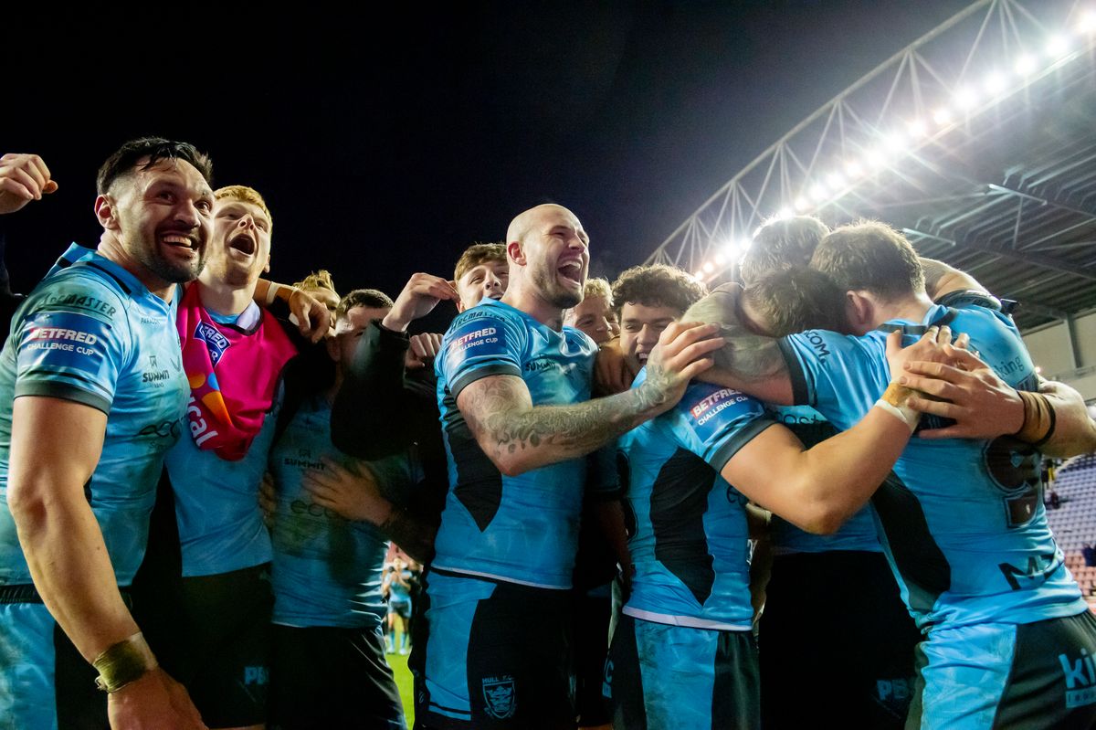 Hull FC celebrate their win over Wigan. 