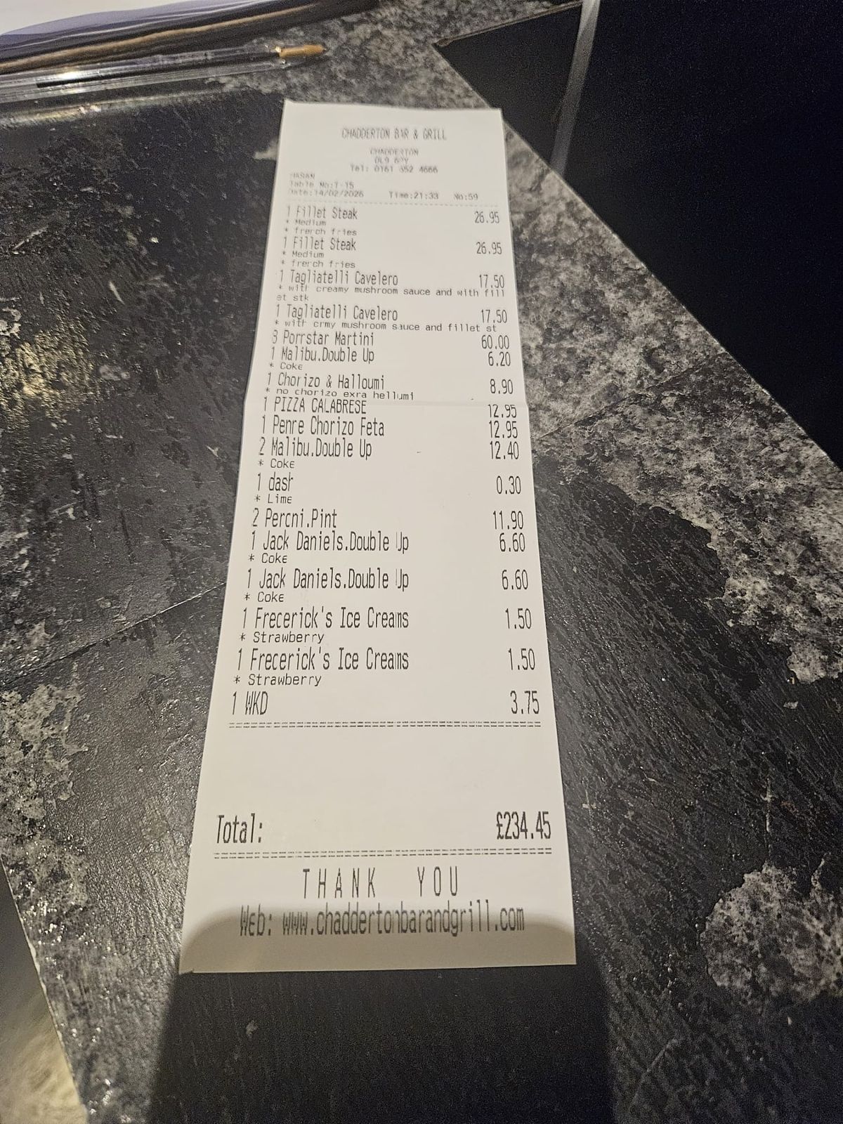 The customers walked out without paying the £234 tab