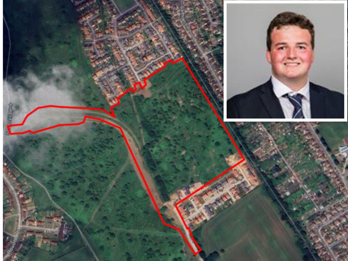 An aerial view of the site with the red outline showing where the housing is planned and (inset) Councillor Curt Pugh
