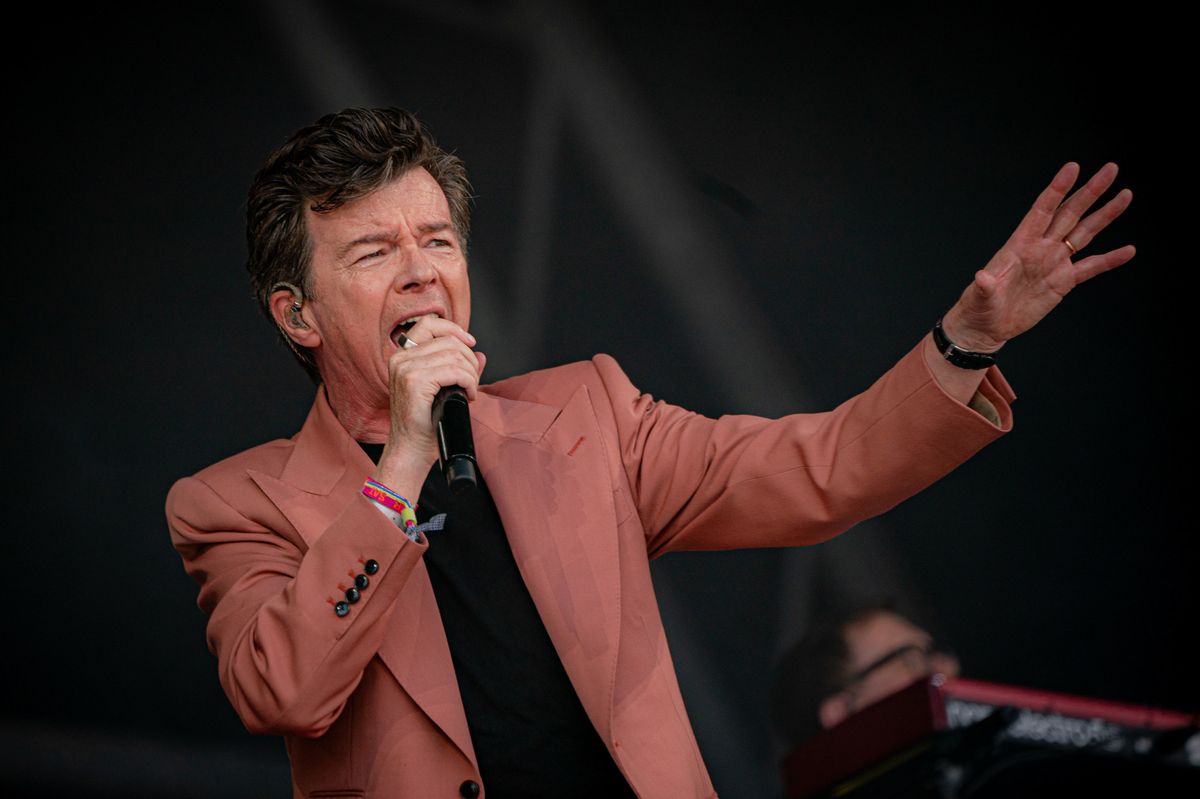 Rick Astley performing at Glastonbury Festival in 2023
