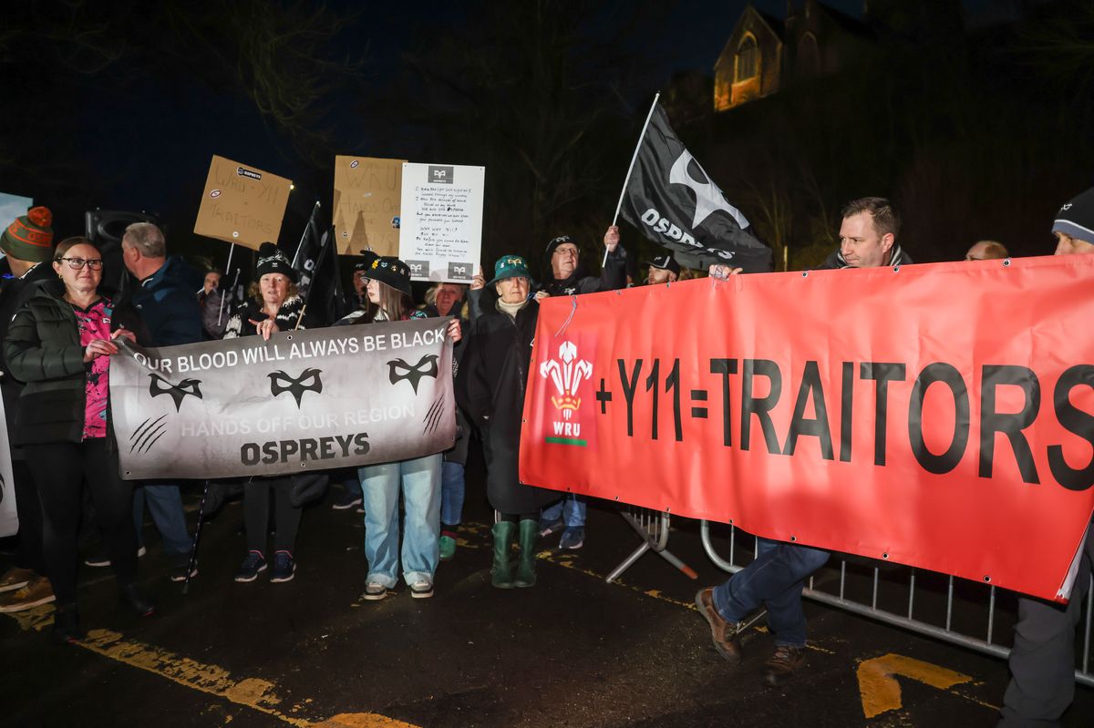 Ospreys supporters hold a protest outside the Brewery Field last month