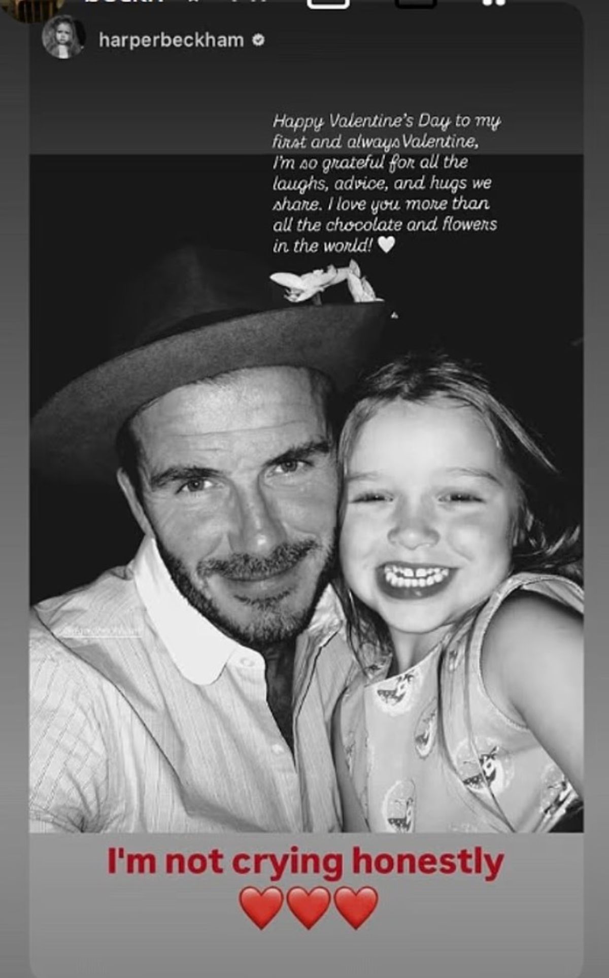 David and Victoria reshared Harper's touching message to them on Valentine's Day