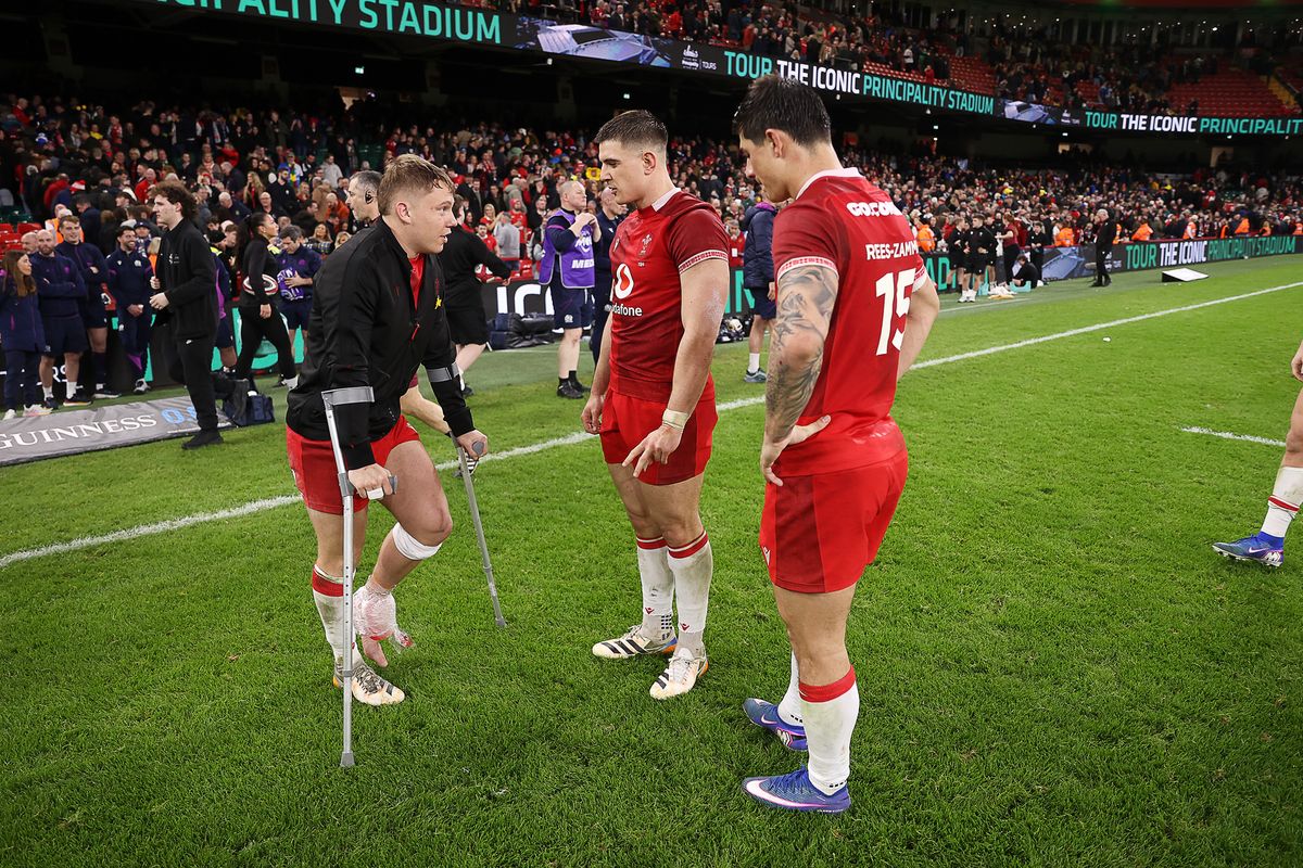 Sam Costelow on crutches after the game
