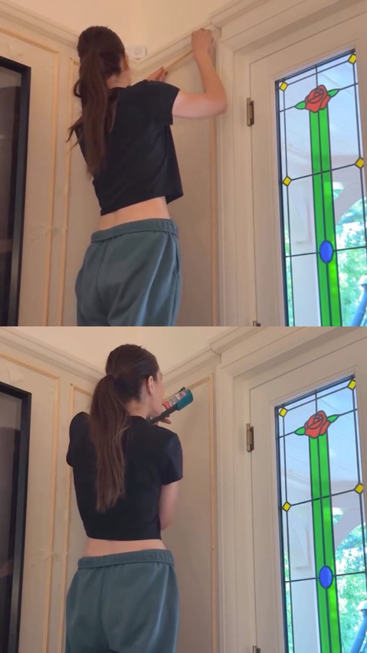 At one point she used an electric sander outside, before using a leveller to create wall panelling