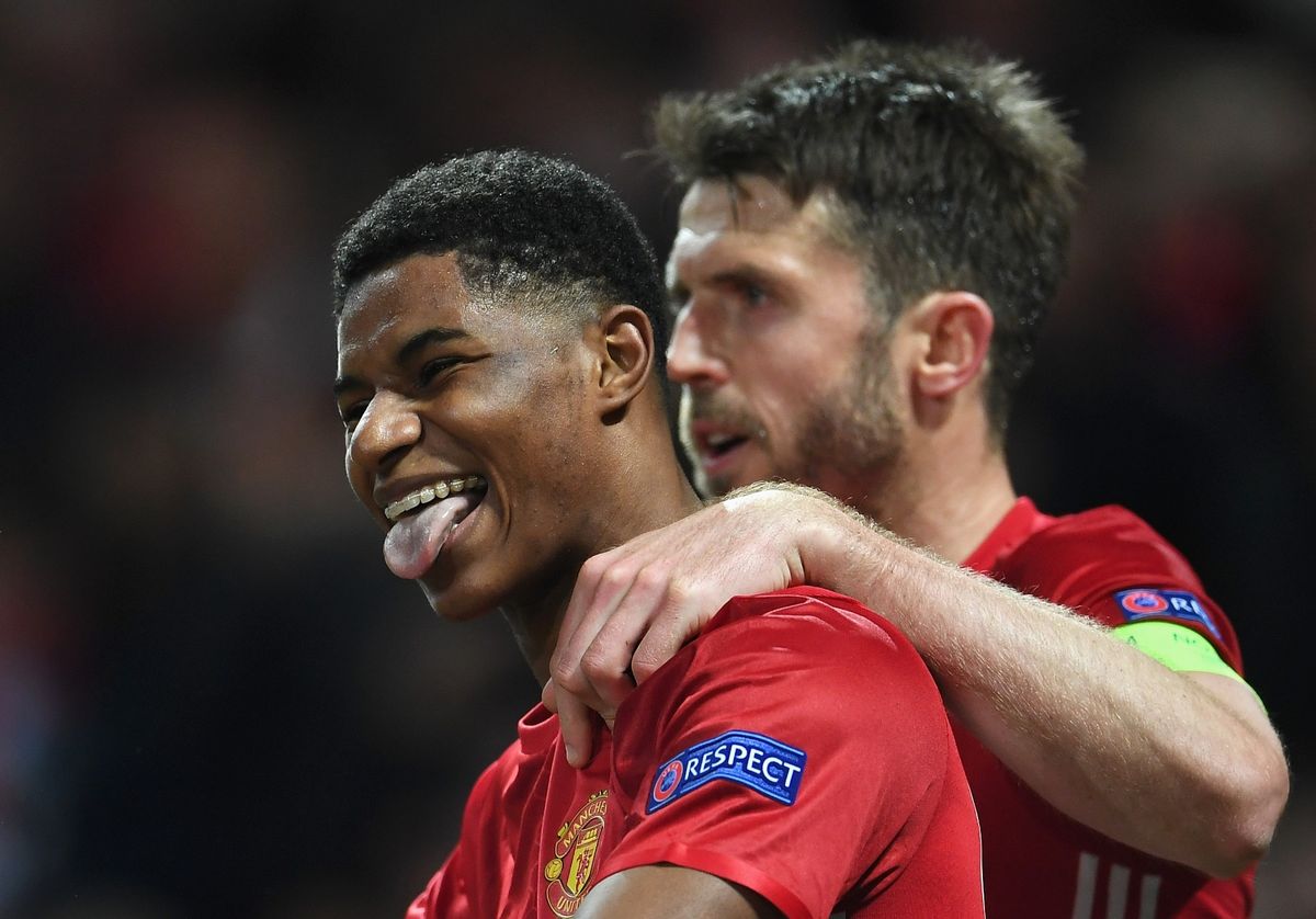 Marcus Rashford and Michael Carrick playing together at Manchester United