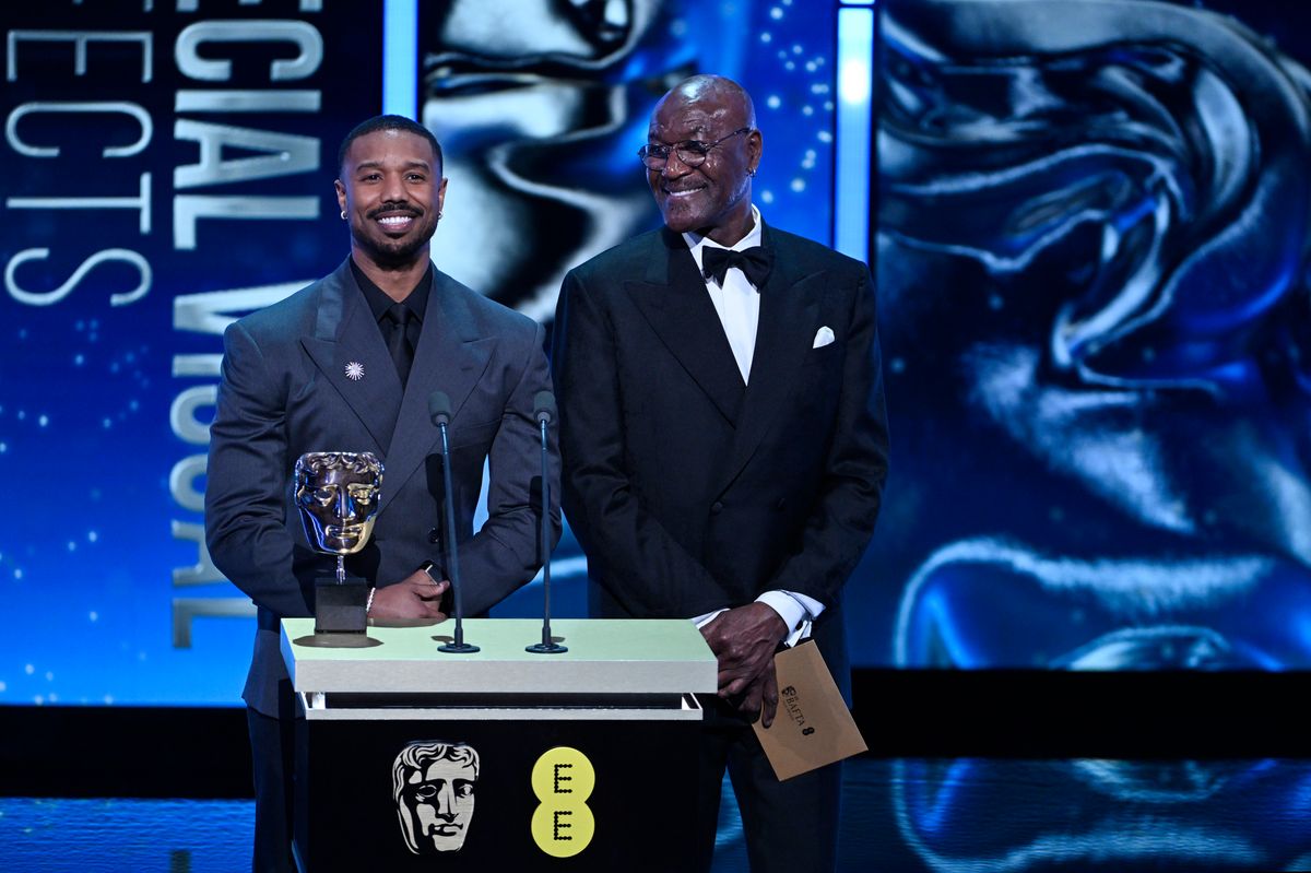 Michael B. Jordan and Delroy Lindo present the Special Visual Effects Award on stage during the EE BAFTA Film Awards 2026 at The Royal Festival Hall on February 22, 2026 in London, England. 