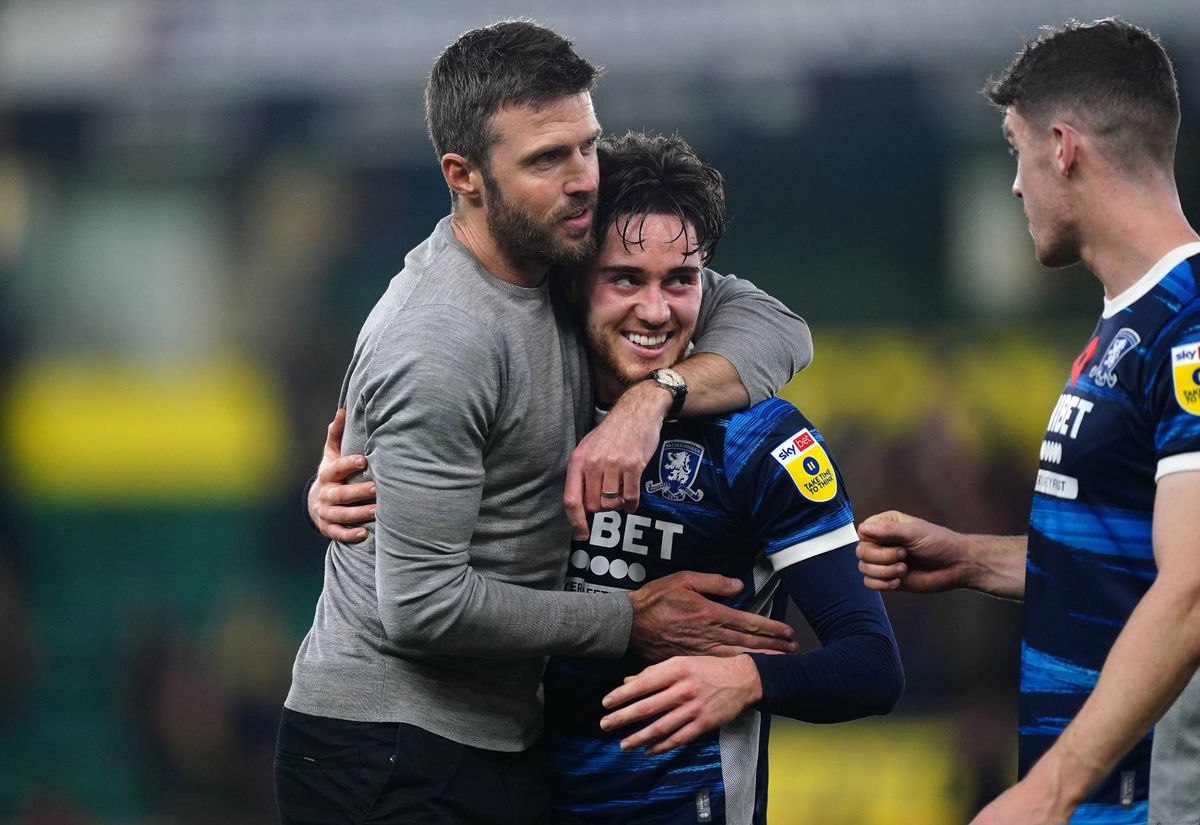 Middlesbrough head coach Michael Carrick with Hayden Hackney following the Sky Bet Championship match at Carrow Road, Norwich