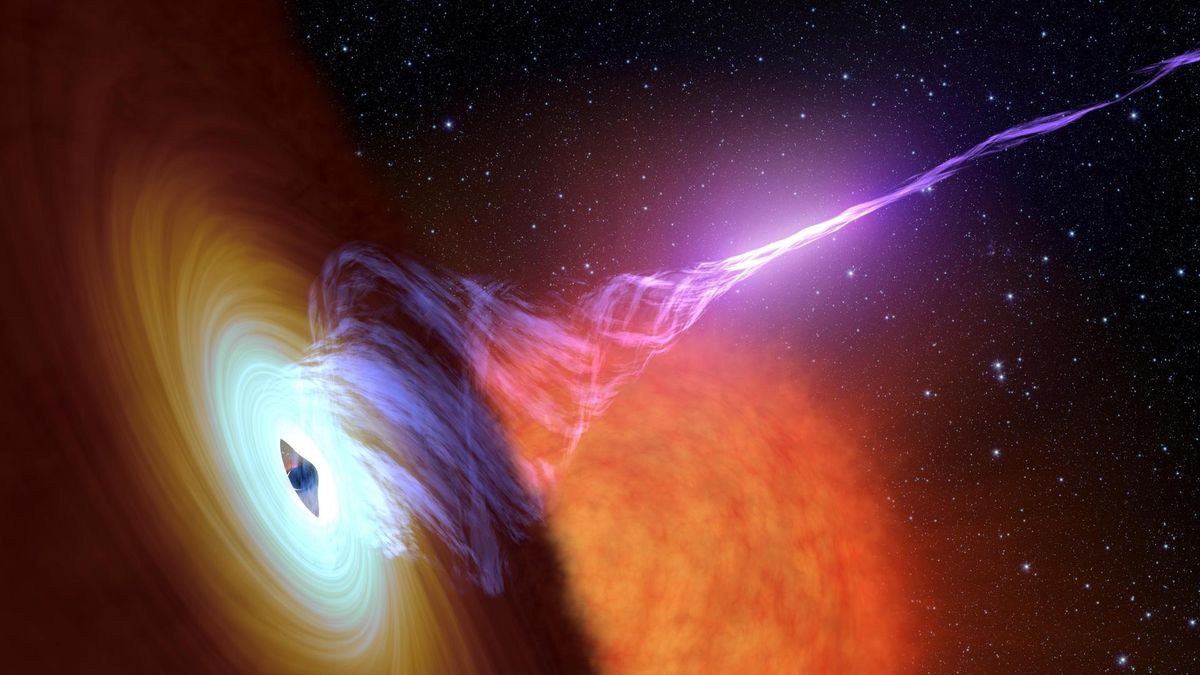 This artist's concept shows a black hole with an accretion disk -- a flat structure of material orbiting the black hole -- and a jet of hot gas, called plasma.