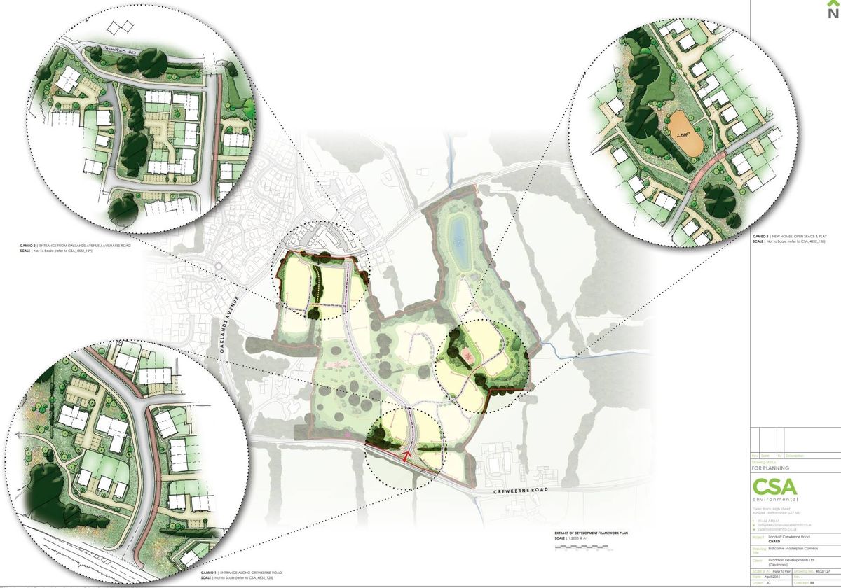Plans for 230 homes on the A30 Crewkerne Road in Chard. CREDIT: CSA Environmental. Free to use for all BBC wire partners.