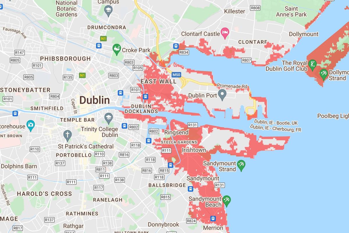Areas of Dublin underwater due to rising sea levels