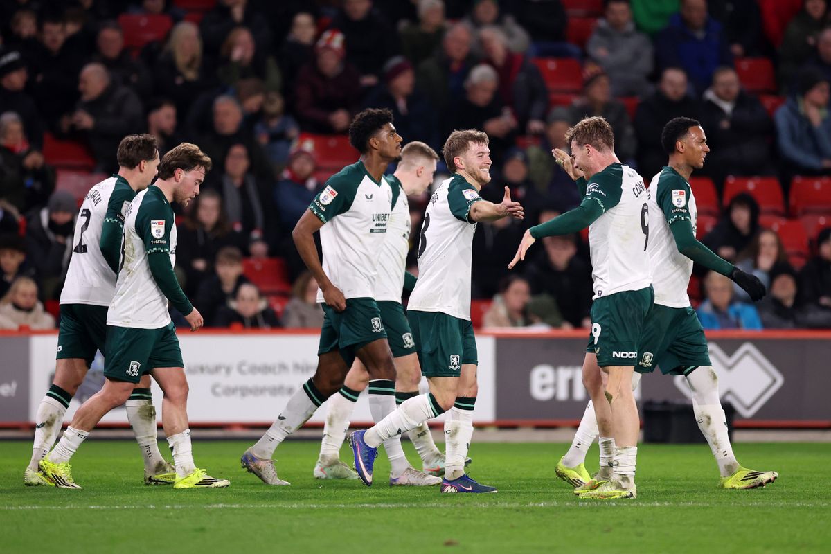 Riley McGree of Middlesbrough celebrates with his team after scoring