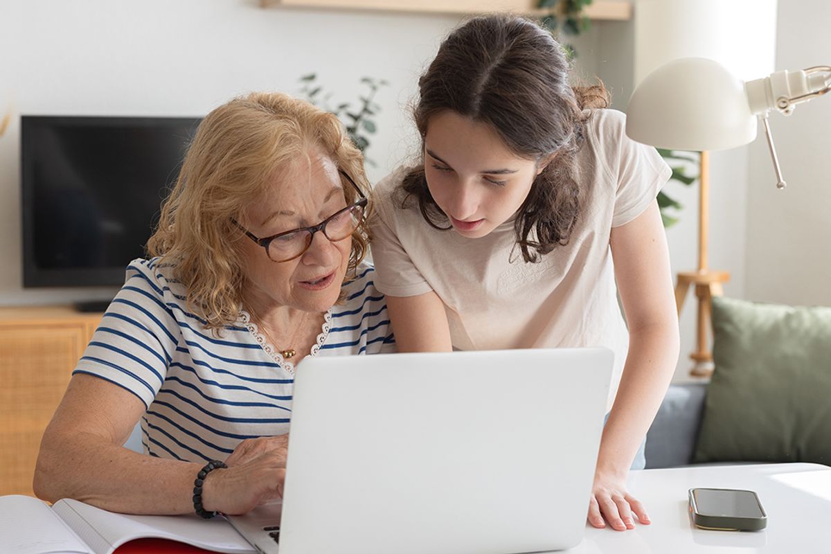 A woman checks her finances