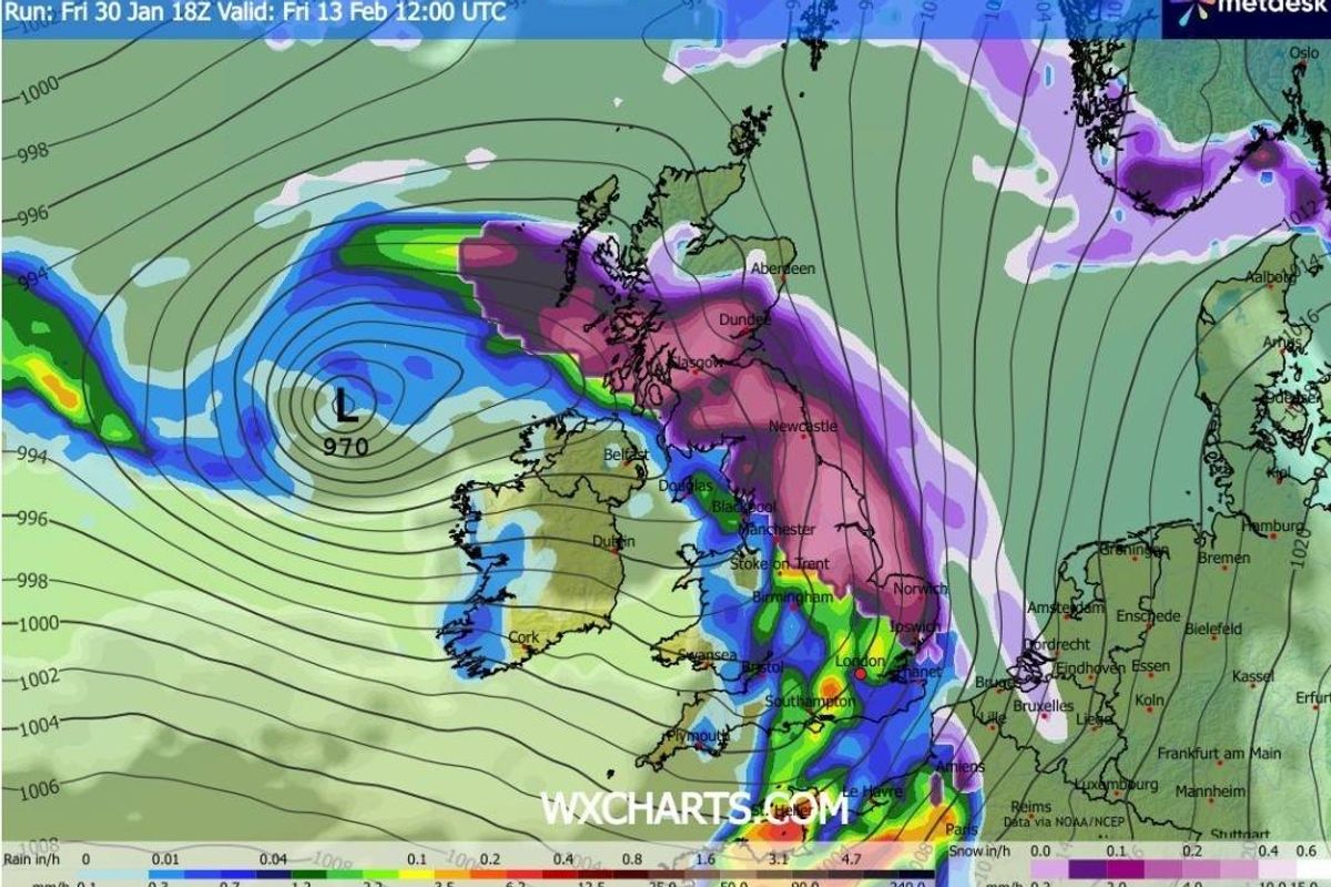 An atmospheric pressure map displaying various regions shaded in hues of blue, purple, and green, with intricate line patterns indicating wind directions and areas of high and low pressure.