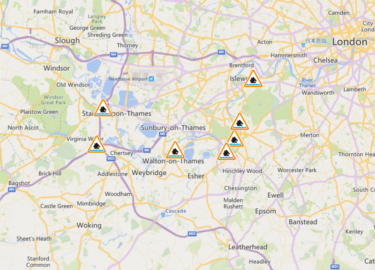 The Environment Agency has warned specifically of flooding on the Thames in Sunbury, the Penton Hook area and Free Prae Road in Chertsey.