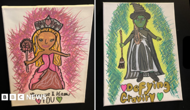 A composite image of two artworks inspired by Wicked. One is of a pink princess with blonde hair (left) while the other is of a green witch wearing a black dress and hat (right).