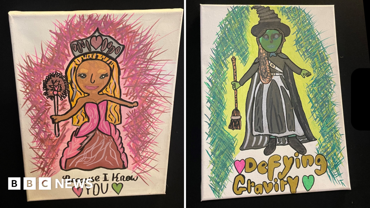 A composite image of two artworks inspired by Wicked. One is of a pink princess with blonde hair (left) while the other is of a green witch wearing a black dress and hat (right).