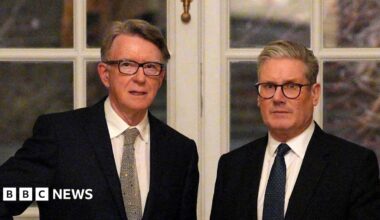 Prime Minister Sir Keir Starmer and Lord Mandelson during a welcome reception at the ambassador's residence in Washington.