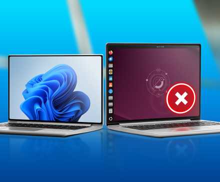 Two laptops side by side, one with Windows 11, the other with Ubuntu.