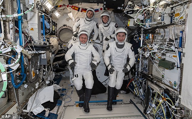 Crew-11 before leaving the ISS. Roscosmos cosmonaut Oleg Platonov (Back left), NASA astronaut Mike Fincke (Front left), JAXA astronaut Kimiya Yui (Front right), and NASA's Zena Cardman (Back right)