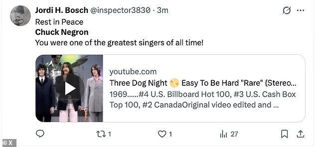 Fans took to social media to pay memorial to Negron upon news of his passing Monday