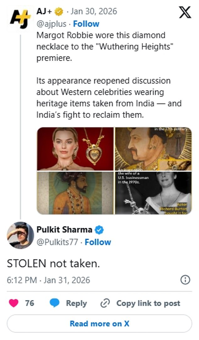 Margot wearing the diamond at the premiere has caused much backlash online with some claiming it was 'stolen' from India but by calling it Elizabeth Taylor's she was 'white washing' it