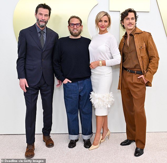 Keanu Reeves and Cameron Diaz were back side by side on Wednesday, sharing the stage at an Apple event alongside Jonah Hill and Matt Bomer