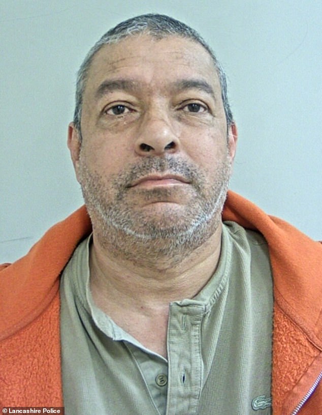 Fall from grace: A police mugshot of Harvey, who was jailed for two and a half years after admitting misuse of police systems and controlling and coercive behaviour. He retired from Lancashire Constabulary in 2018