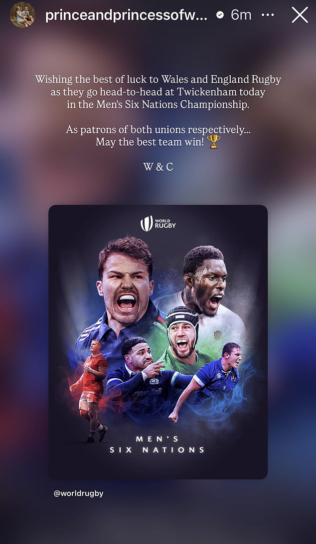 In a joint statement today, the royal couple said: 'Wishing the best of luck to Wales and England Rugby as they go head-to-head at Twickenham today in the Men's Six Nations Championship'