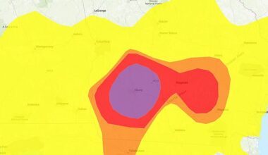 Air quality readings in Southern Georgia have reached 'very unhealthy' levels Friday (Pictured in purple), triggering warnings to stay indoors