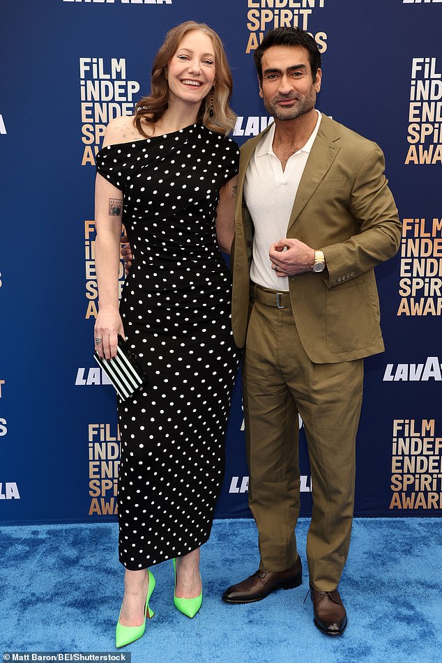 Comedian Kumail Nanjiani was joined by wife Emily V. Gordon, who looked chic in a polka dot dress and neon green heels