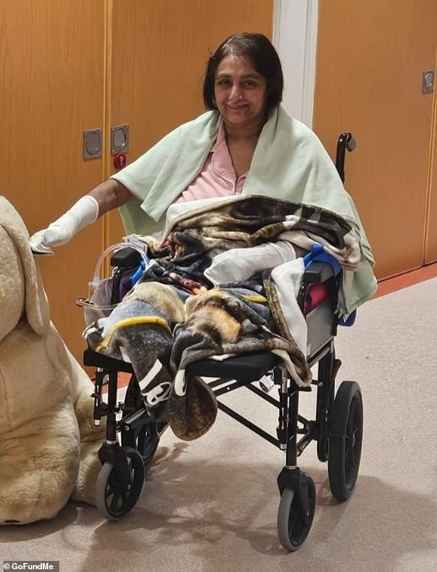 Manjit Sangha, 56, has been in hospital since July last year, but after being discharged from Moseley Hall Hospital in Birmingham on Wednesday, she admitted she is still coming to terms with her quadruple amputation.