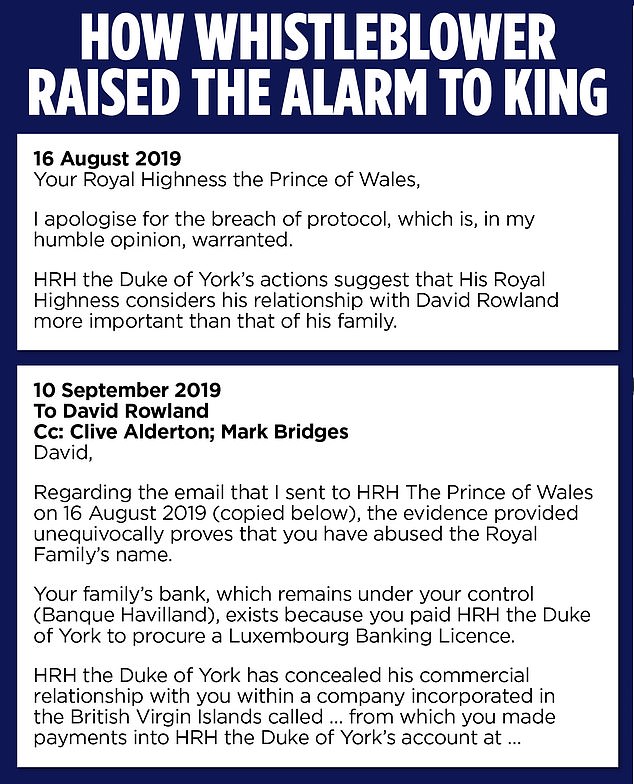 In the email to the Palace the whistleblower claims that Andrew 'consders his relationship with David Rowland more important than that of his family' and alleges that Rowland paid the Duke to secure a banking licence