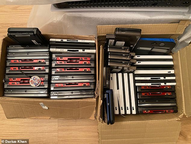 The £10,000 haul included development kits for consoles that are no longer made, including the Nintendo DS (pictured: dozens of development kits)