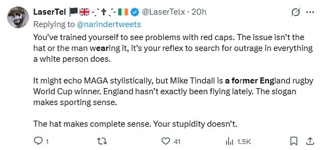 Others rushed to Mr Tindall's defence, insisting the problem lies with those who misinterpret the cap