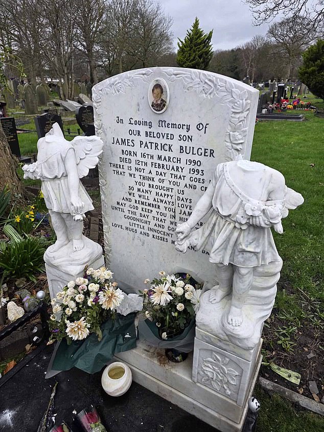 James Bulger's grave (pictured) in Liverpool  was desecrated by vandals some time between late morning and mid-afternoon on Thursday