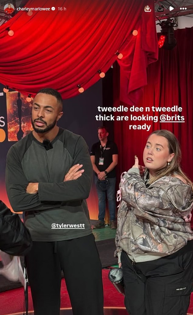 Tyler, however, appeared more pensive as he partied. He's presenting the red carpet alongside TikTok star Charley Marlowe and insiders say the pressure is mounting (Pictured together on Saturday)