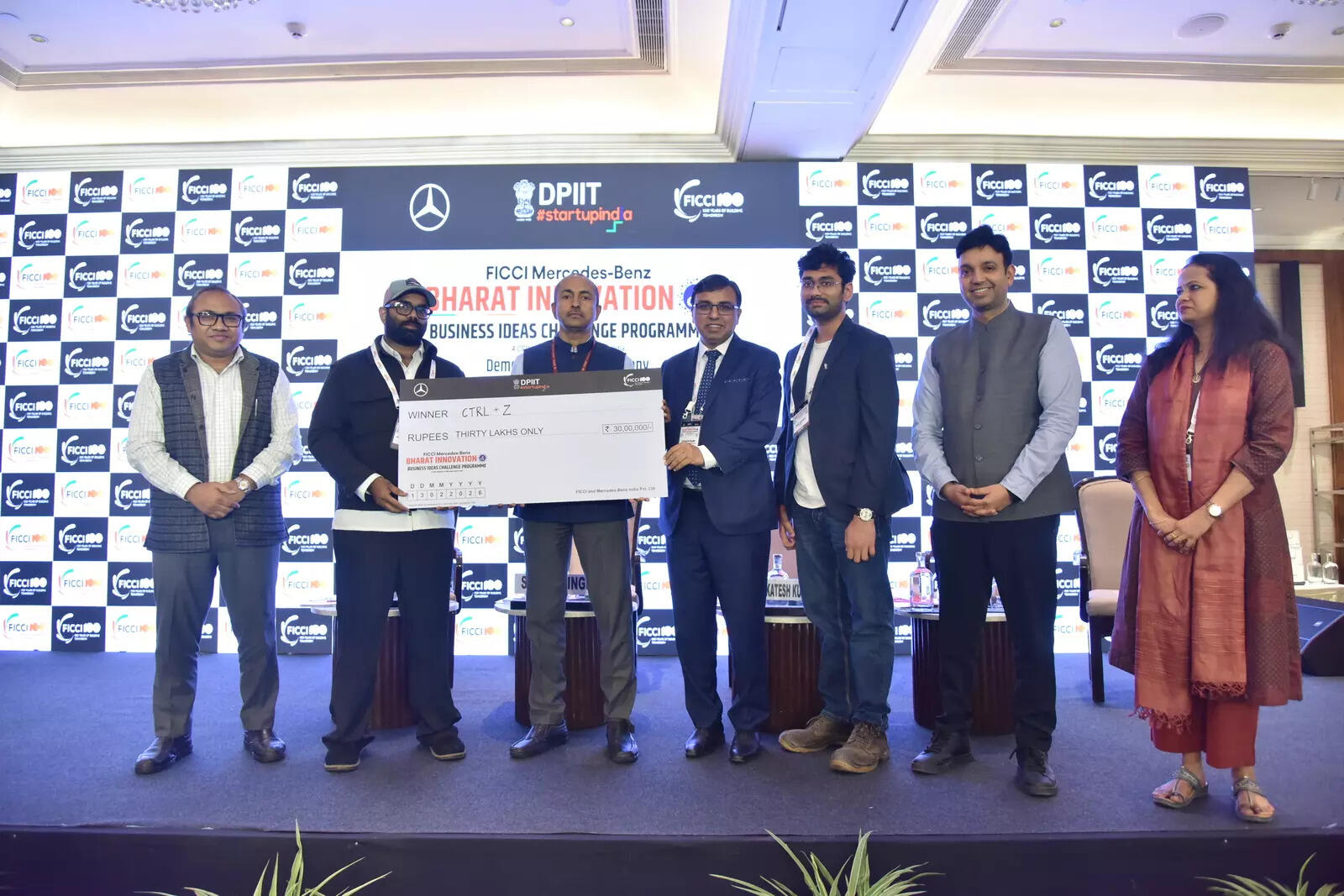 <p>L-R: Sumeet Gupta is Director, FICCI , Winner - Control Z ,Mr Sanjiv Singh Joint Secretary DPIIT Govt of India , Mr. Vyankatesh Kulkarni, Executive Director & Head of Operations, Mercedes-Benz India</p>