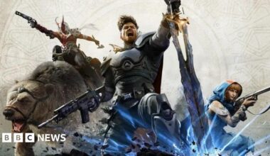 Cover artwork for Highguard, showing three characters. In the centre, a male character wearing a silver suit of armour roars victoriously as he grabs a large, magical sword planted in the ground in front of him. To the left of the picture, a masked barbarian character rides a polar bear while pointing a pistol at an unseen enemy. To the right, a hooded, female character crouches as she points a rifle at a distant foe.