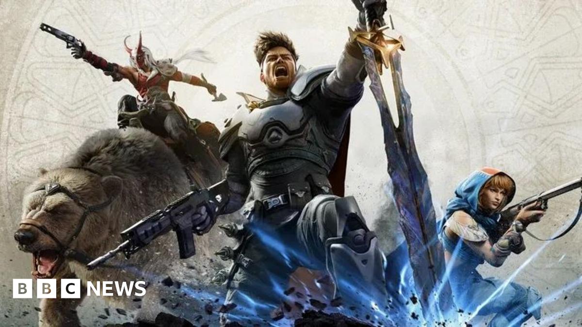 Cover artwork for Highguard, showing three characters. In the centre, a male character wearing a silver suit of armour roars victoriously as he grabs a large, magical sword planted in the ground in front of him. To the left of the picture, a masked barbarian character rides a polar bear while pointing a pistol at an unseen enemy. To the right, a hooded, female character crouches as she points a rifle at a distant foe.