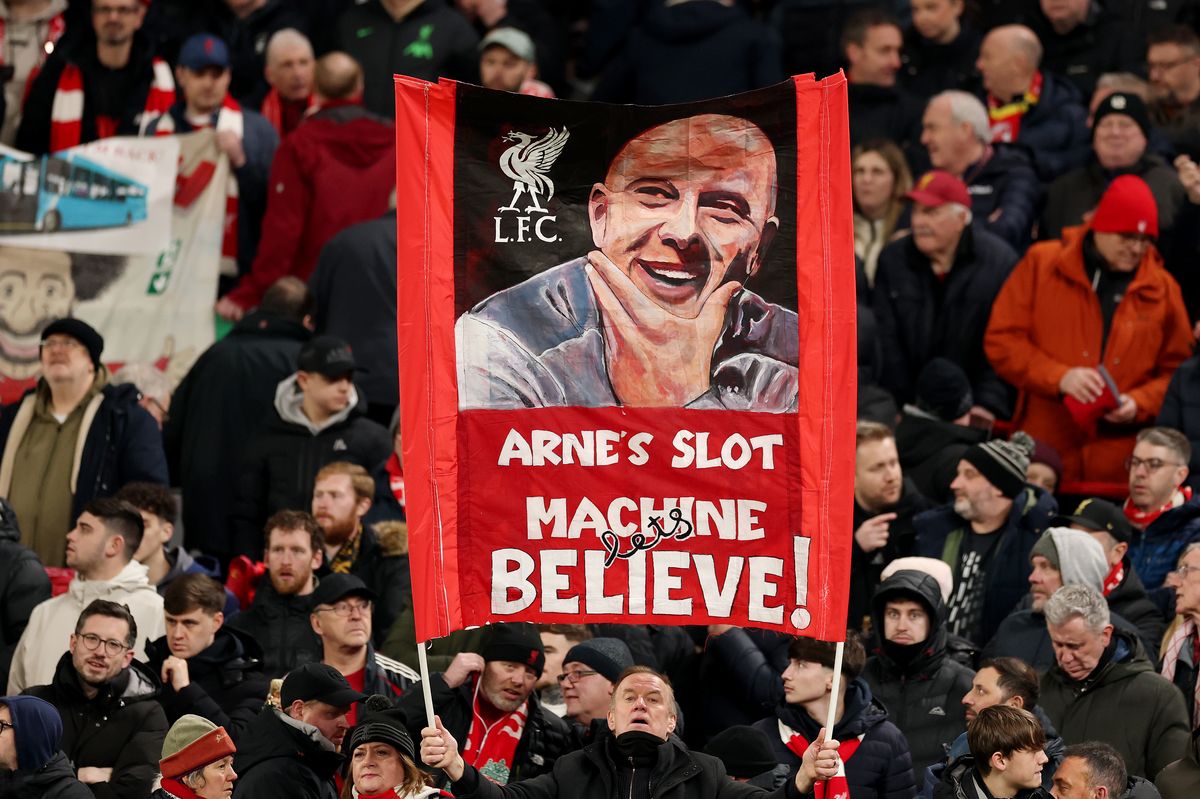 A sign on the Kop saluting Liverpool boss Arne Slot during the Premier League match against Newcastle United at Anfield on January 31 2026