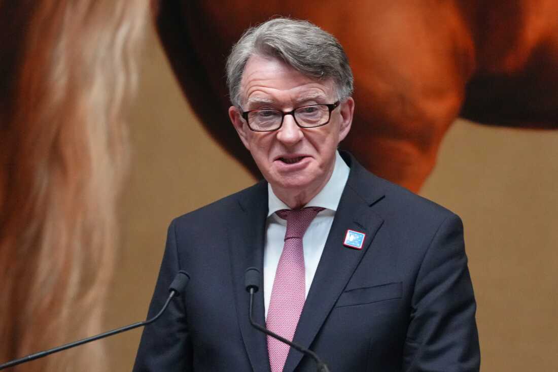 Then-British Ambassador to the U.S. Peter Mandelson speaks during the rededication ceremony of the George Washington Statue in the National Gallery in London, June 18, 2025.