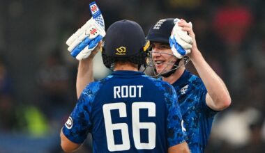 England's captain Harry Brook celebrates after scoring a century (100 runs) with Joe Root during the third one-day international (ODI) cricket match between Sri Lanka and England at the R. Premadasa International Cricket Stadium in Colombo on January 27, 2026. (Photo by Ishara S. KODIKARA / AFP)