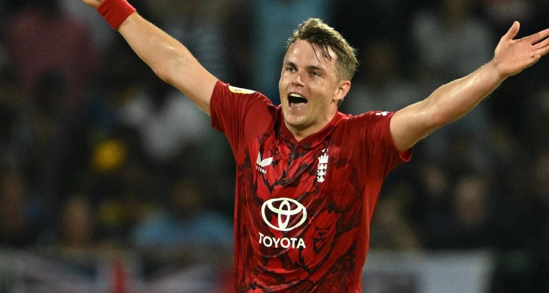 Sam Curran celebrates taking a wicket against Sri Lanka