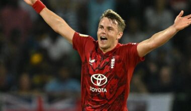 Sam Curran celebrates taking a wicket against Sri Lanka
