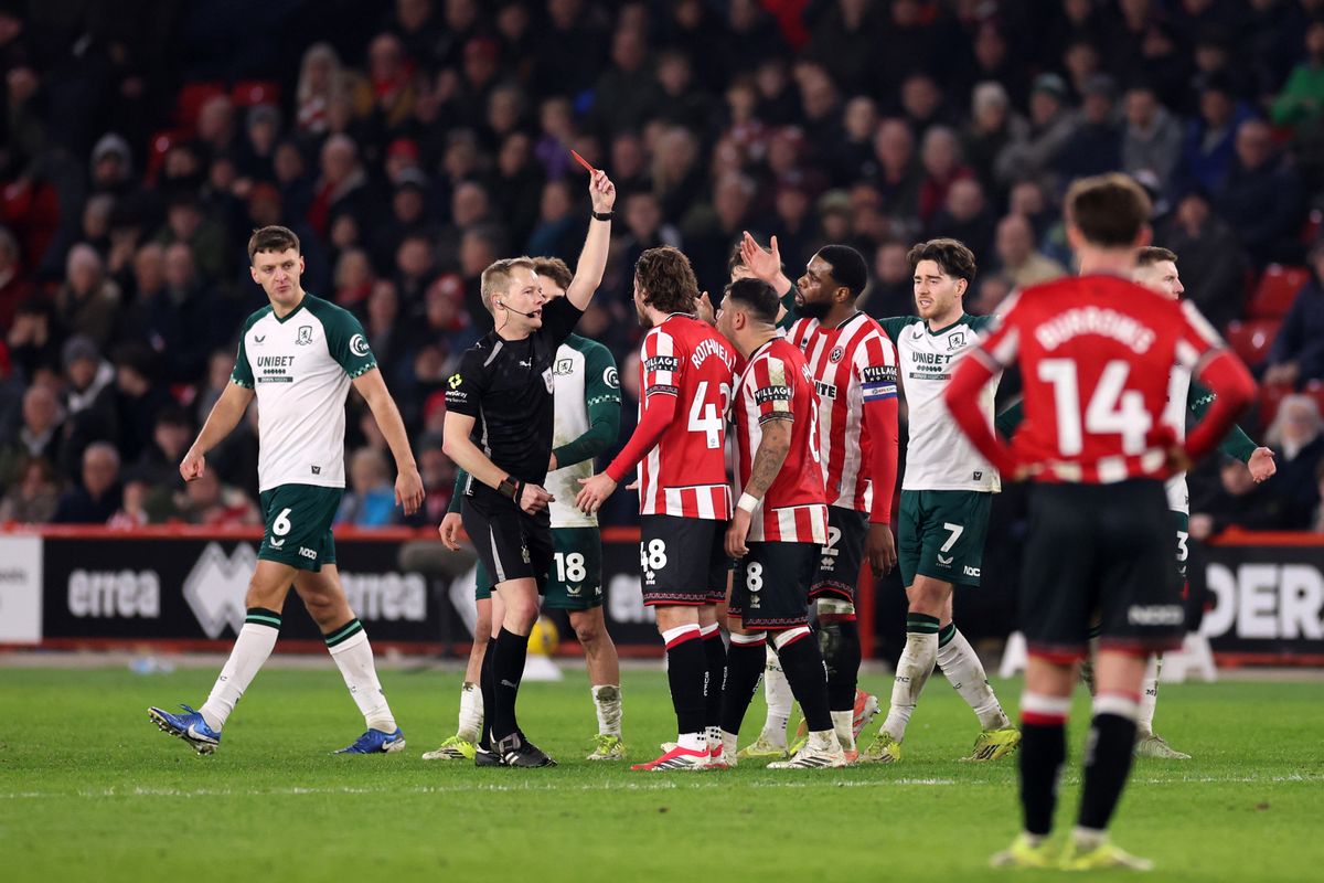 Joe Rothwell of Sheffield United is shown the red card