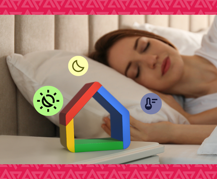 A woman sleeping in bed next to the Google Home logo