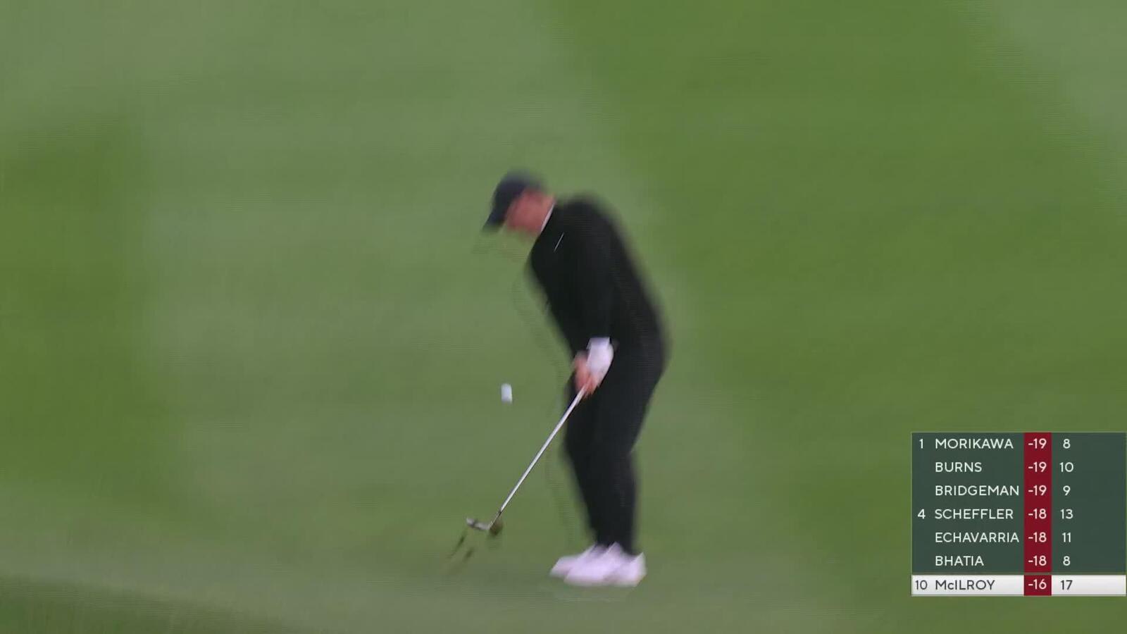 Rory McIlroy taps in from 5 feet for birdie on No. 18 at Pebble Beach